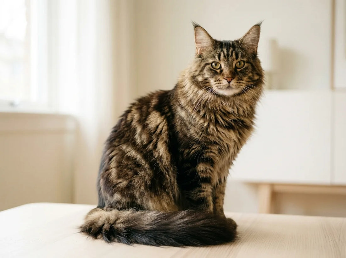 Maine Coon adulte au pelage mi-long et à la collerette fournie, assis