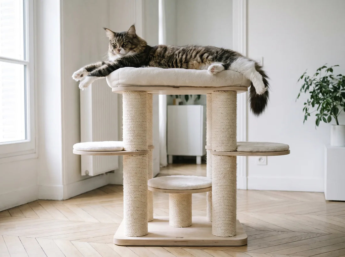 Maine Coon installé sur la plateforme large d'un arbre à chat