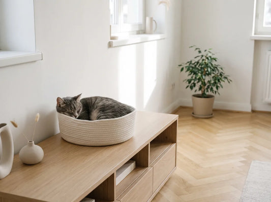 Panier pour chat placé en hauteur dans une pièce calme