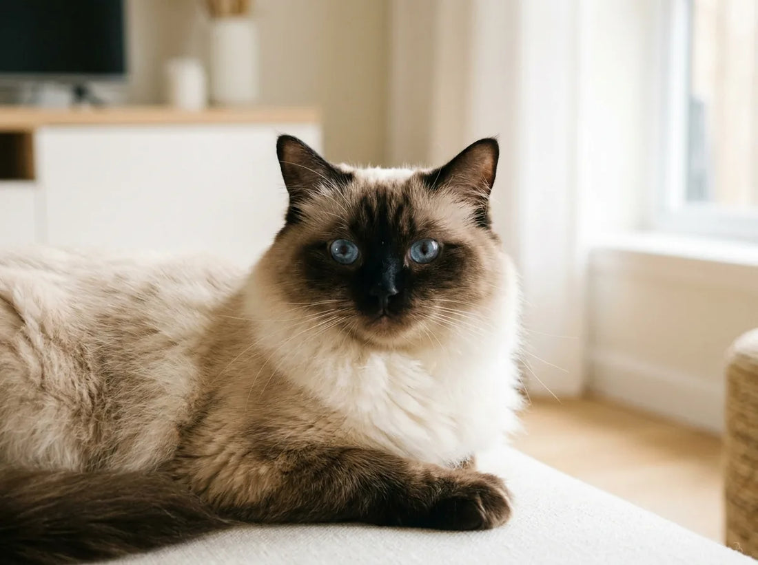 Ragdoll adulte aux yeux bleus et à la robe colourpoint, allongé