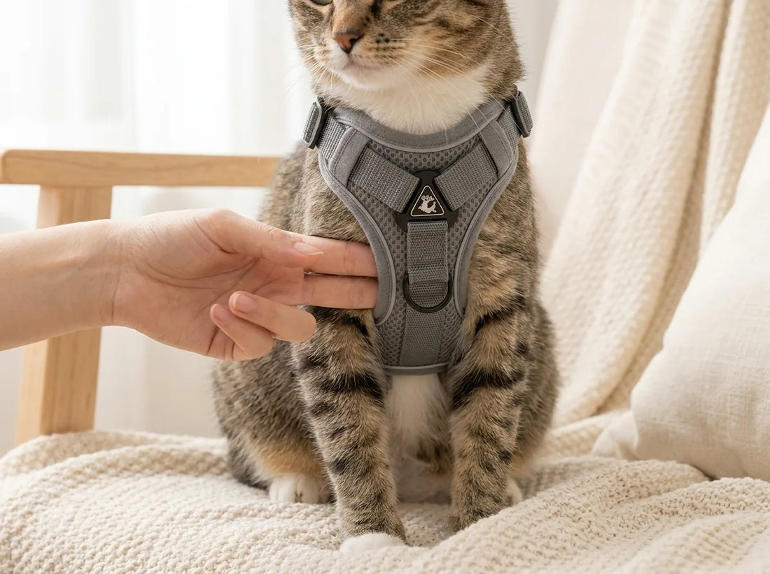 Main vérifiant l'espace entre le harnais et le corps d'un chat avec la règle des deux doigts