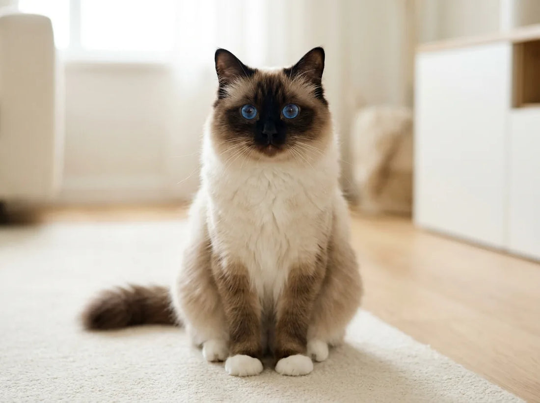 Sacré de Birmanie aux yeux bleus et aux pattes gantées de blanc, assis