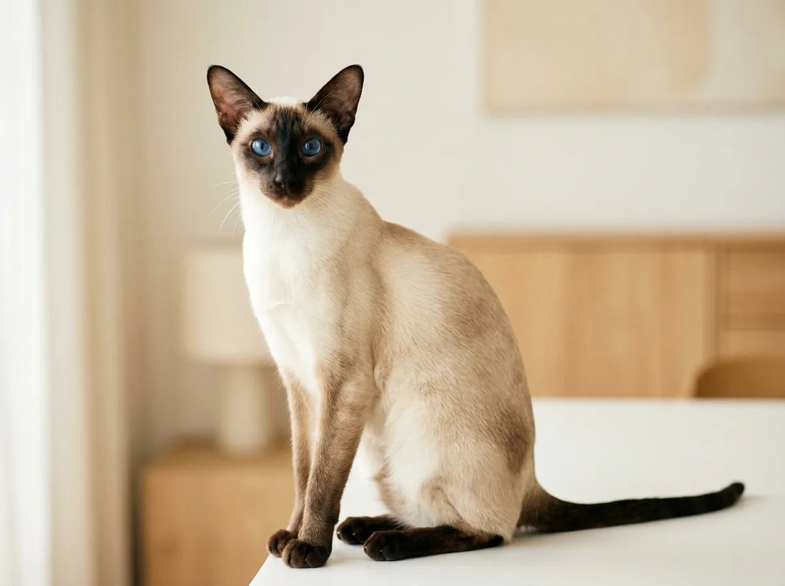 Siamois seal point aux grands yeux bleus, assis de face