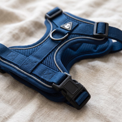 Harnais Pelux bleu — détail : maille respirante, bandes réfléchissantes et boucles