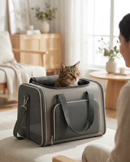 Illustration — un chat sort calmement la tête par l'ouverture du dessus du sac