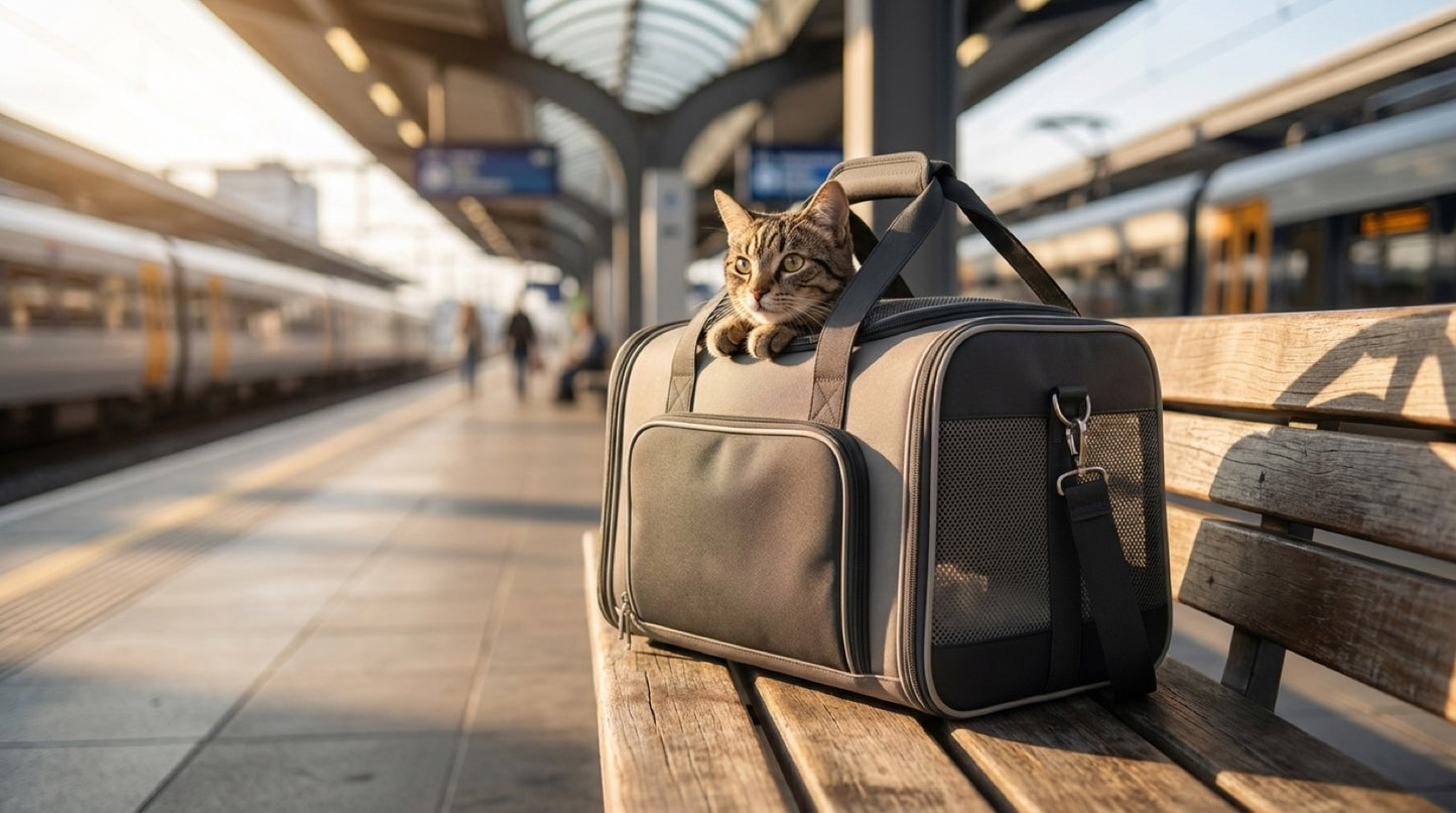 Illustration — le sac de transport Pelux posé sur un banc en gare