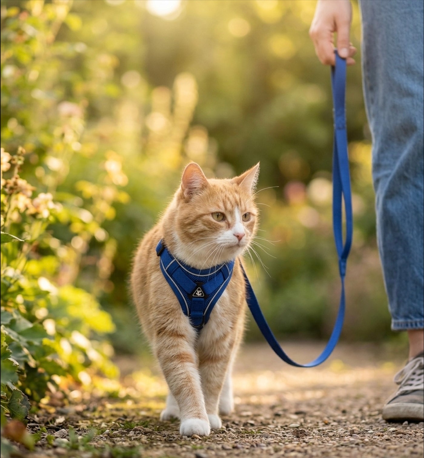 Chat en harnais Pelux marchant en laisse aux côtés de son humain dans le jardin