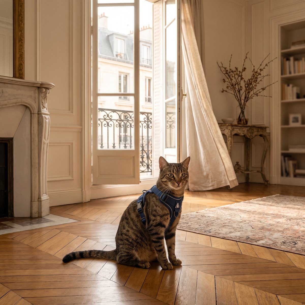 Chat portant le harnais-veste Pelux, assis devant une porte-fenêtre ouverte sur un balcon