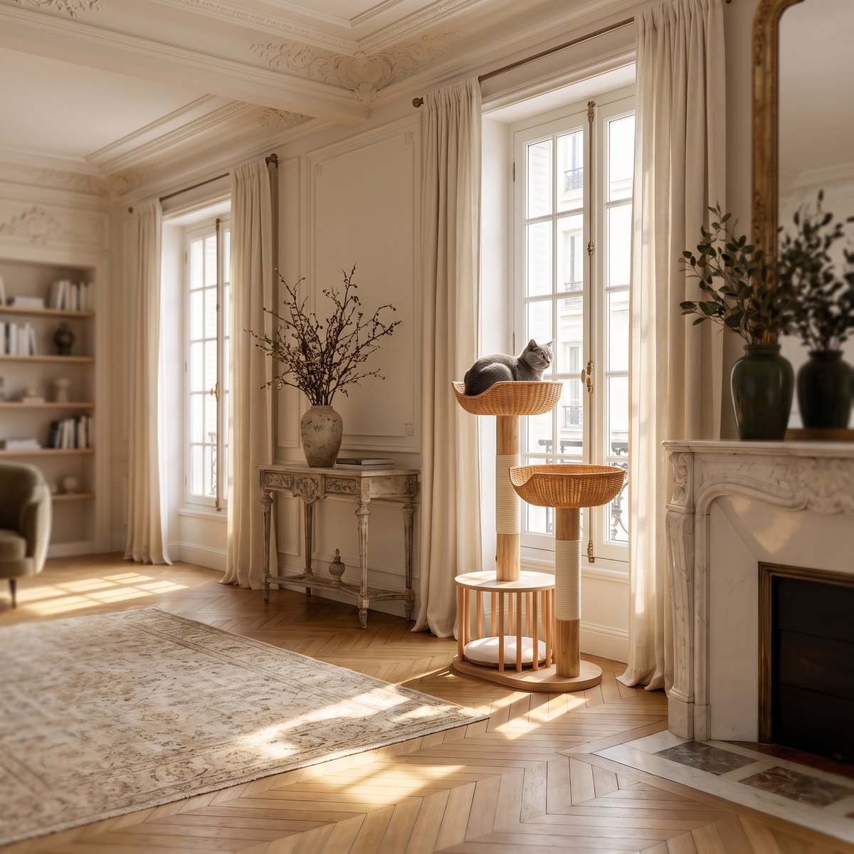 Arbre à chat en bois et rotin Pelux dans un grand salon, un chat lové dans la corbeille haute