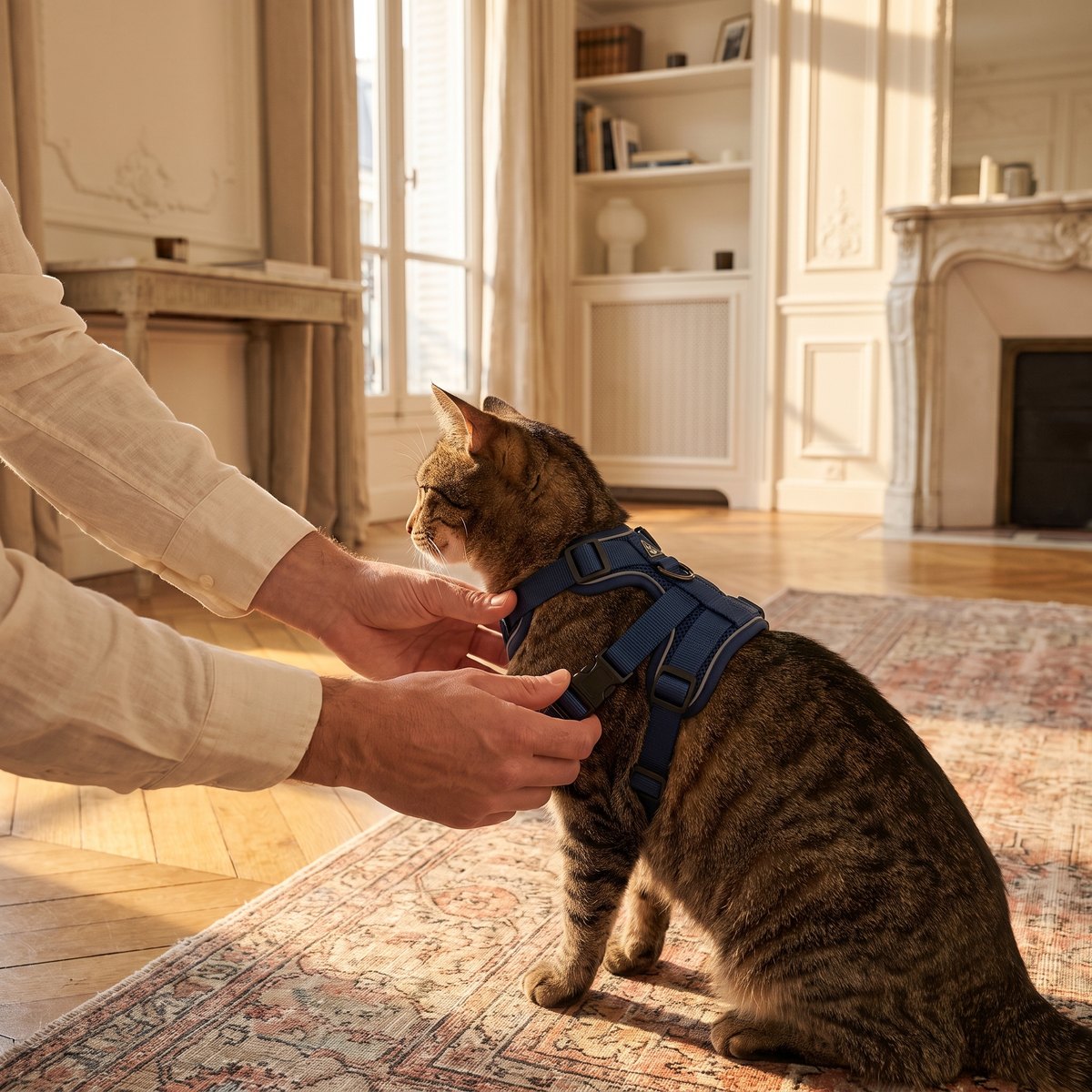 Deux mains ajustant le harnais-veste Pelux sur un chat calme