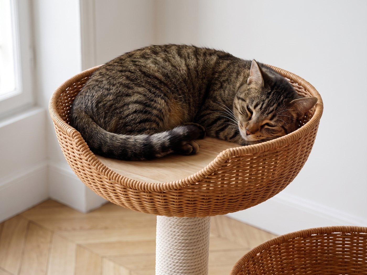 Chat lové dans l'une des corbeilles en rotin tressé de l'arbre à chat Pelux