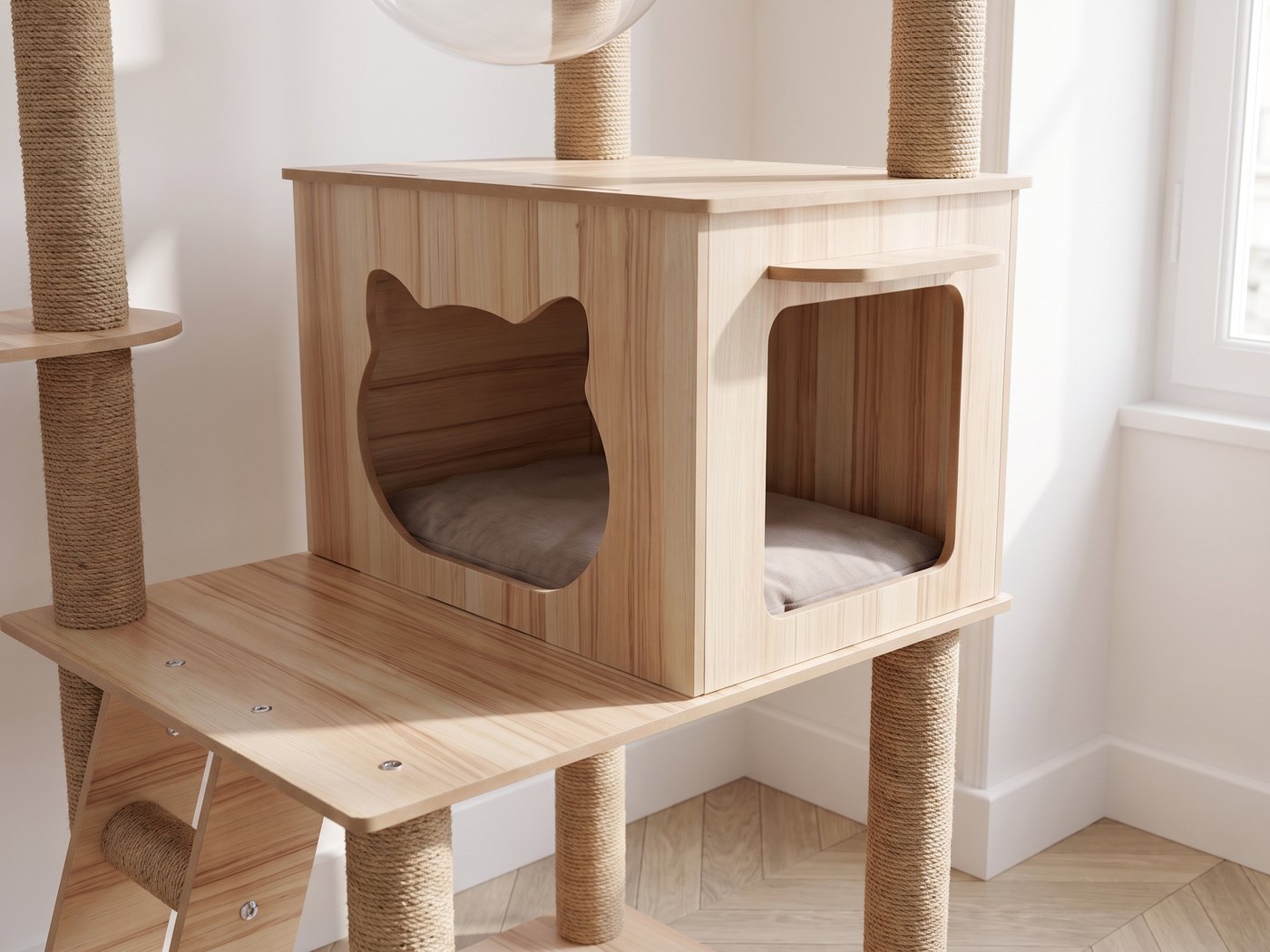 Niche en bois clair de l'arbre à chat Pelux avec son entrée découpée en forme de tête de chat