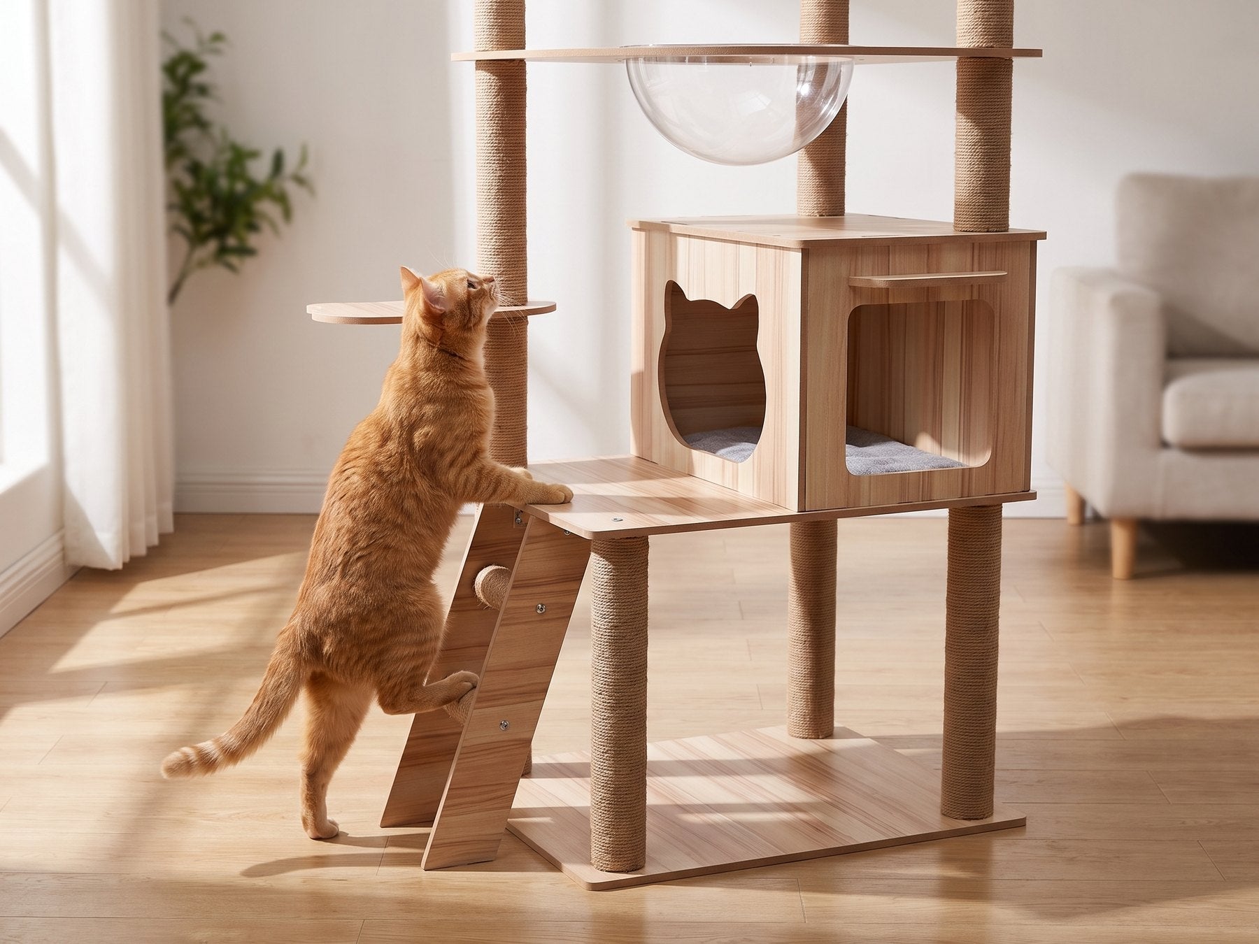 Chat montant par l'échelle à barreaux de l'arbre à chat à bulles Pelux