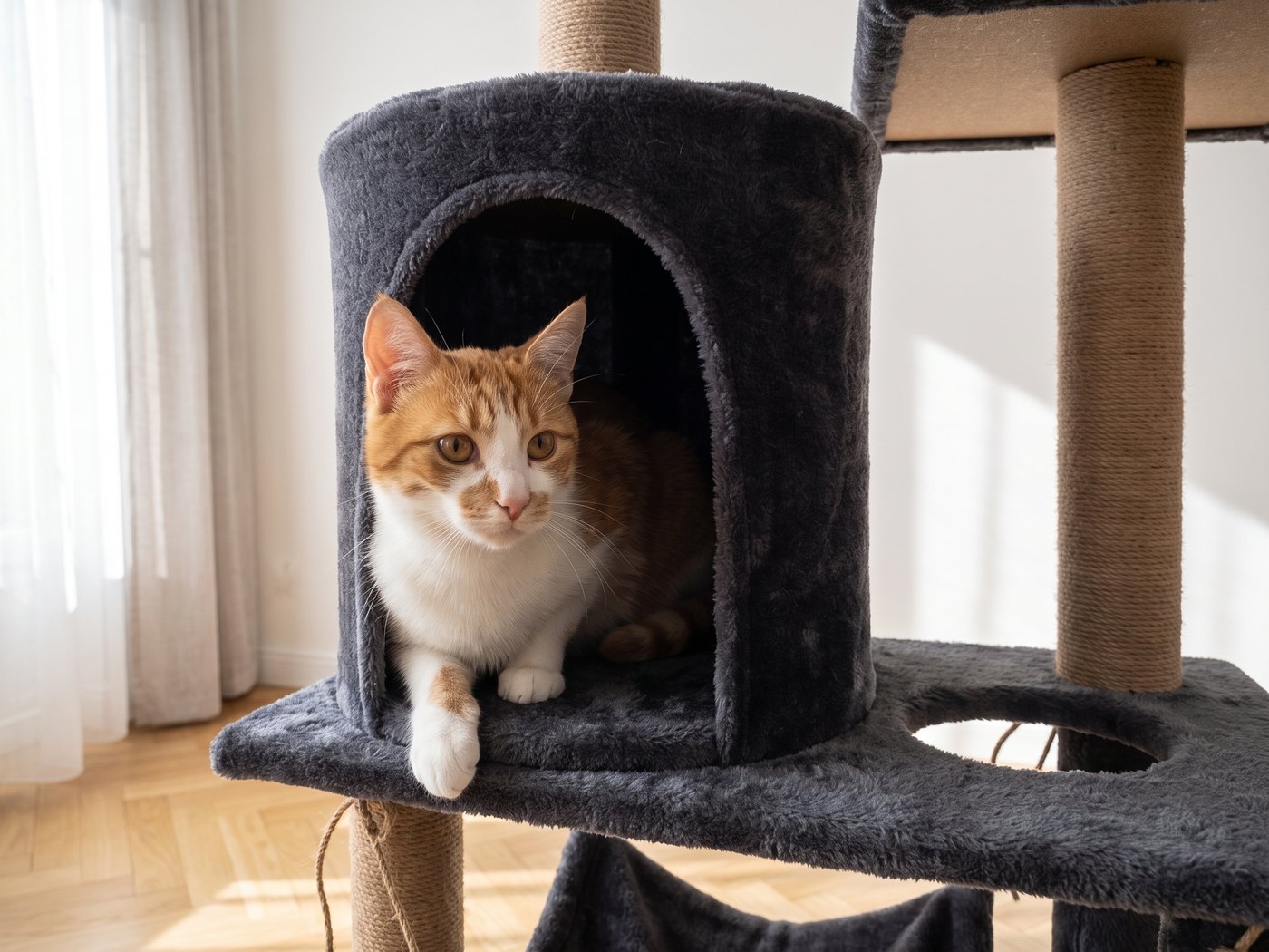 Niche fermée en peluche de l'arbre à chat Pelux, avec un chat à l'intérieur