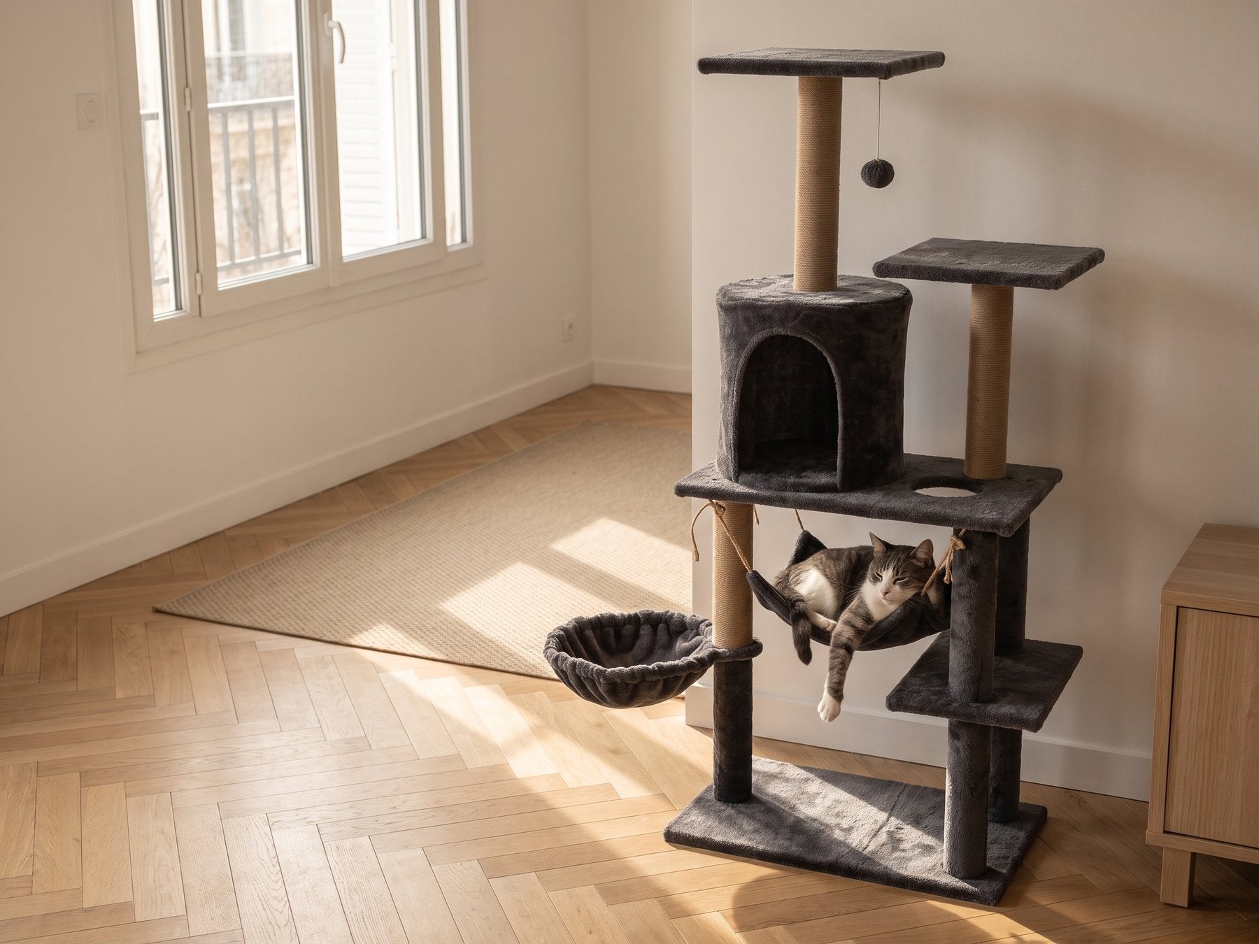 Chat allongé dans le hamac en toile tendue de l'arbre à chat Pelux