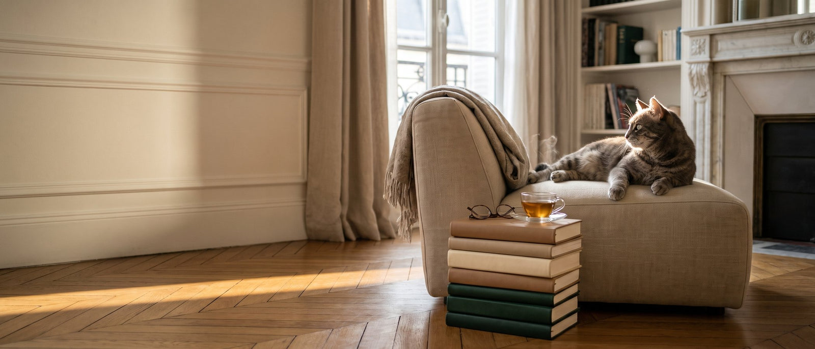 Chat installé dans un salon haussmannien, lumière de fin d'après-midi