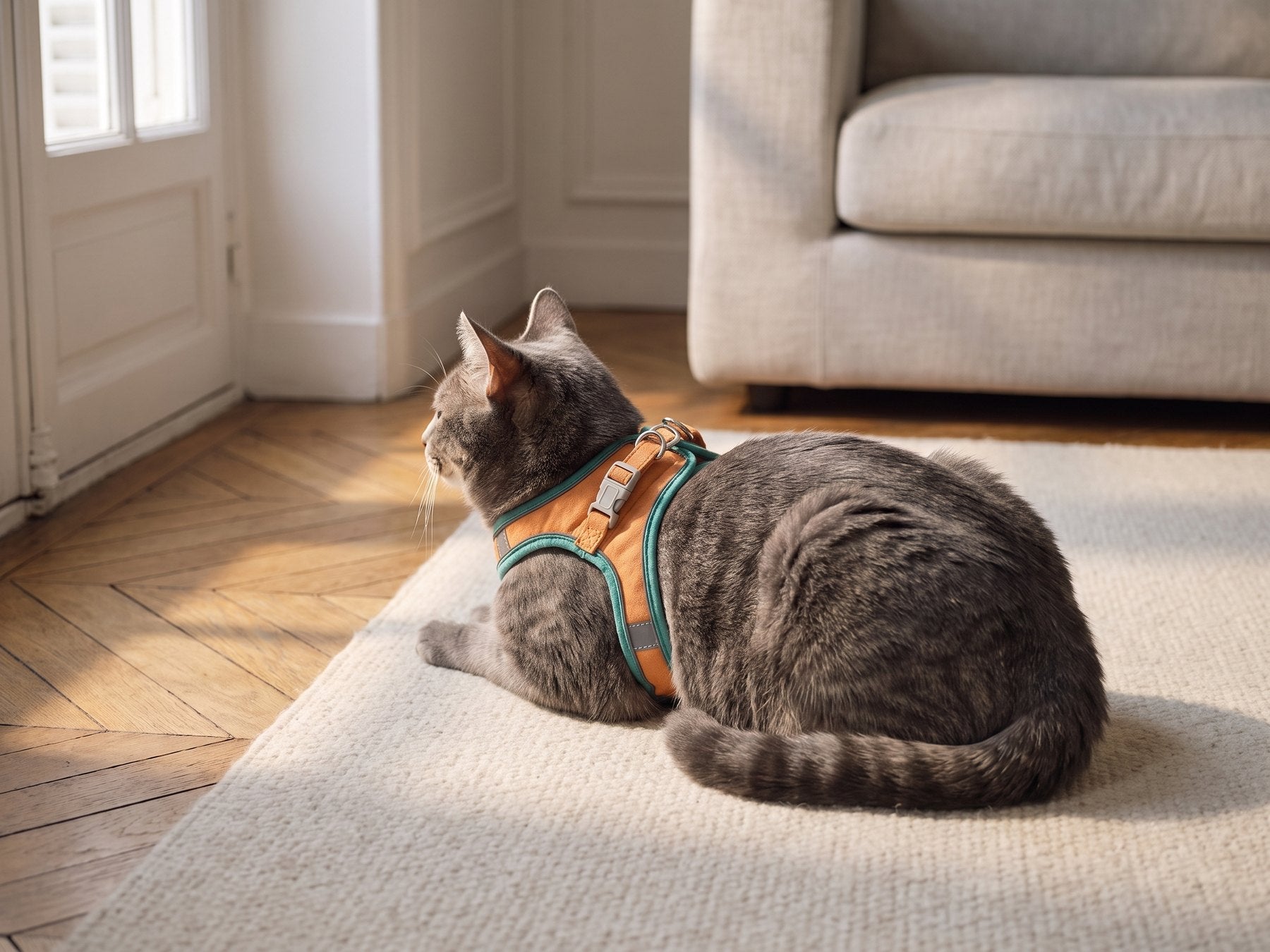 Chat portant le harnais gilet Pelux à l'intérieur, détendu