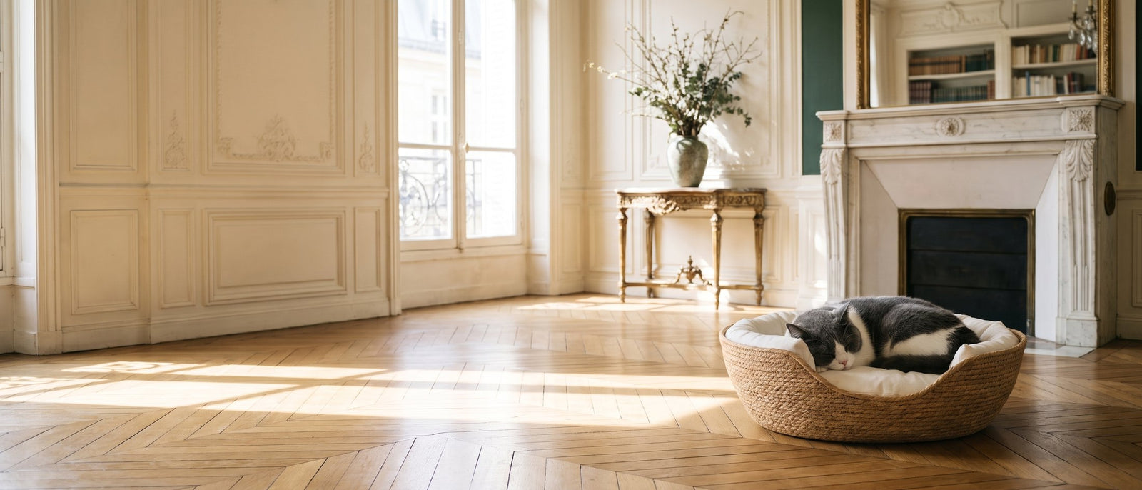 Chat endormi dans le panier en corde tressée Pelux, dans un grand salon haussmannien