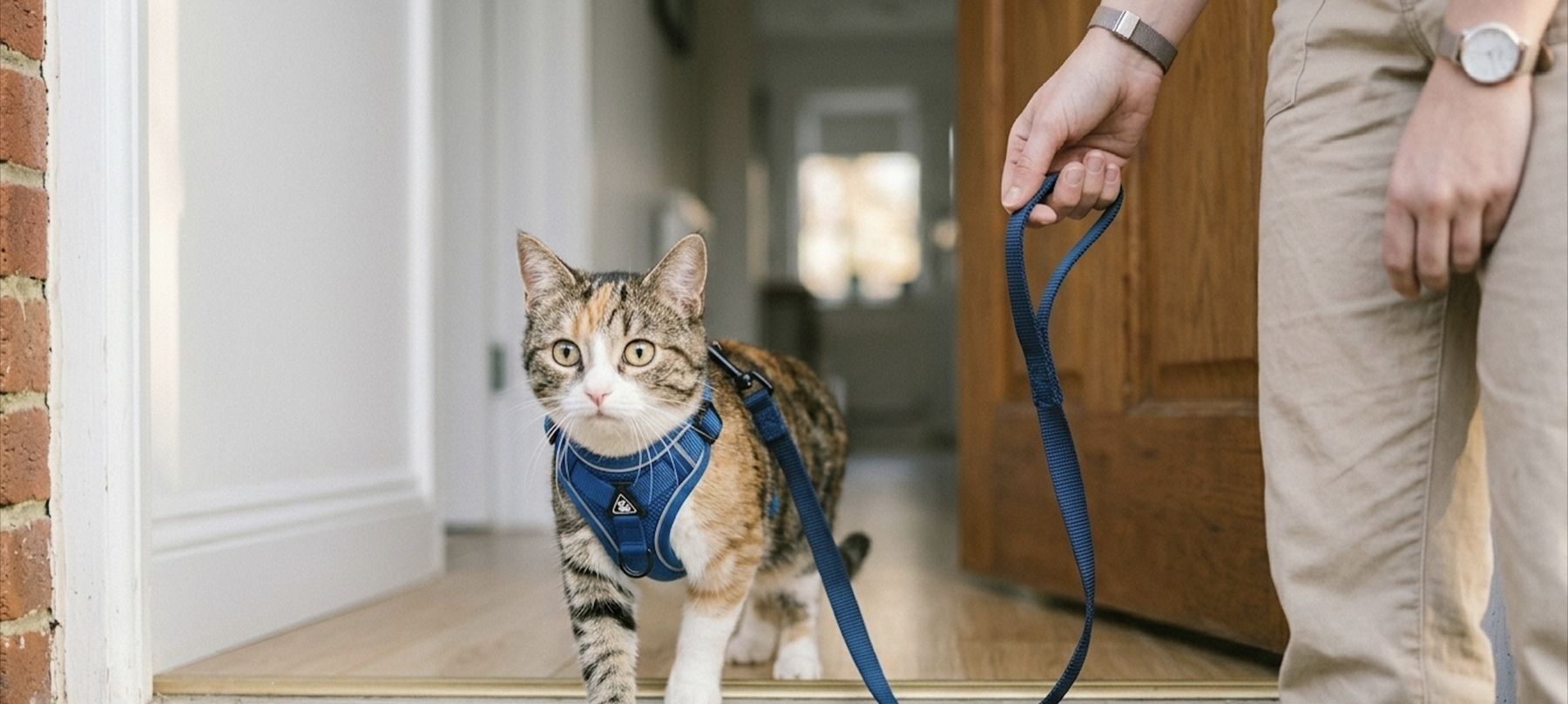 Chat portant le harnais Pelux, assis sur le pas de la porte, face au jardin