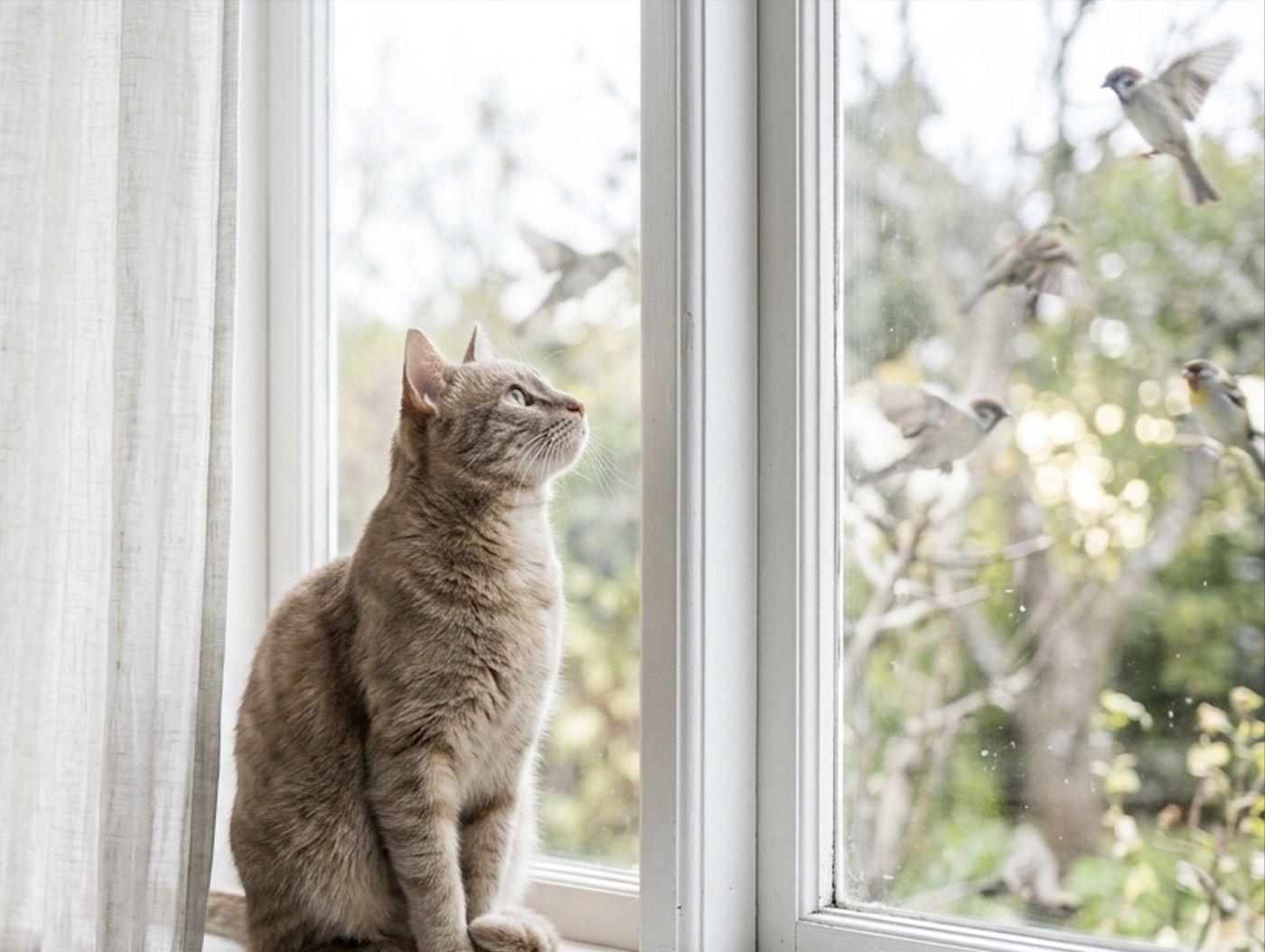 Chat d’intérieur assis au bord de la fenêtre, observant les oiseaux dehors