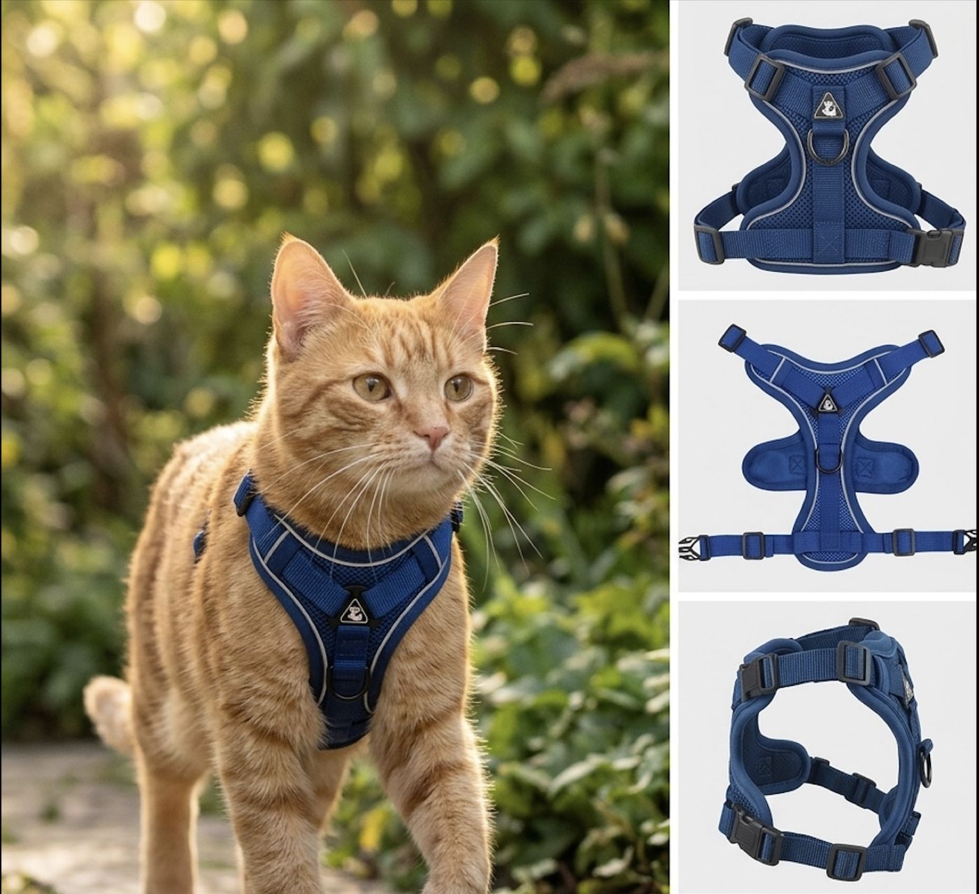 Chat marchant librement avec le harnais Pelux, et vues détaillées du harnais sous trois angles