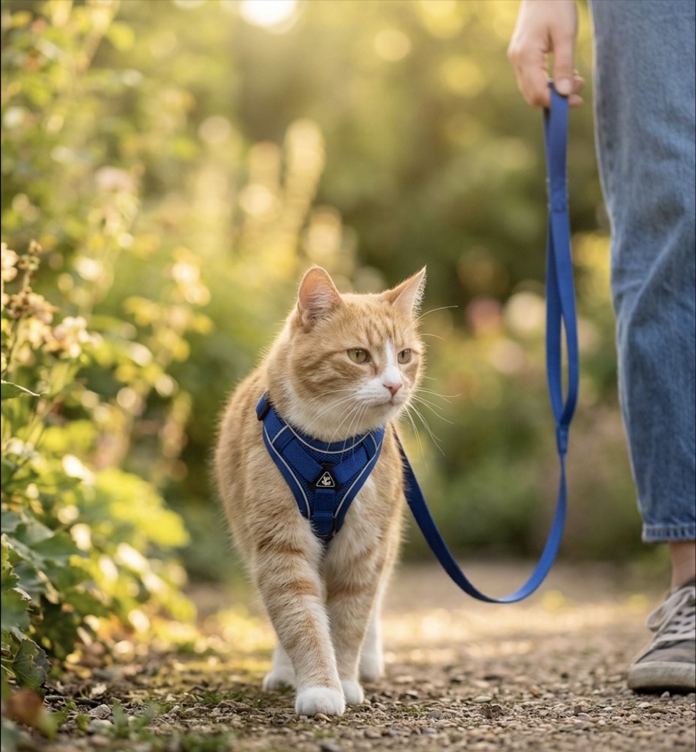 Chat en harnais Pelux marchant en laisse aux côtés de son humain dans le jardin