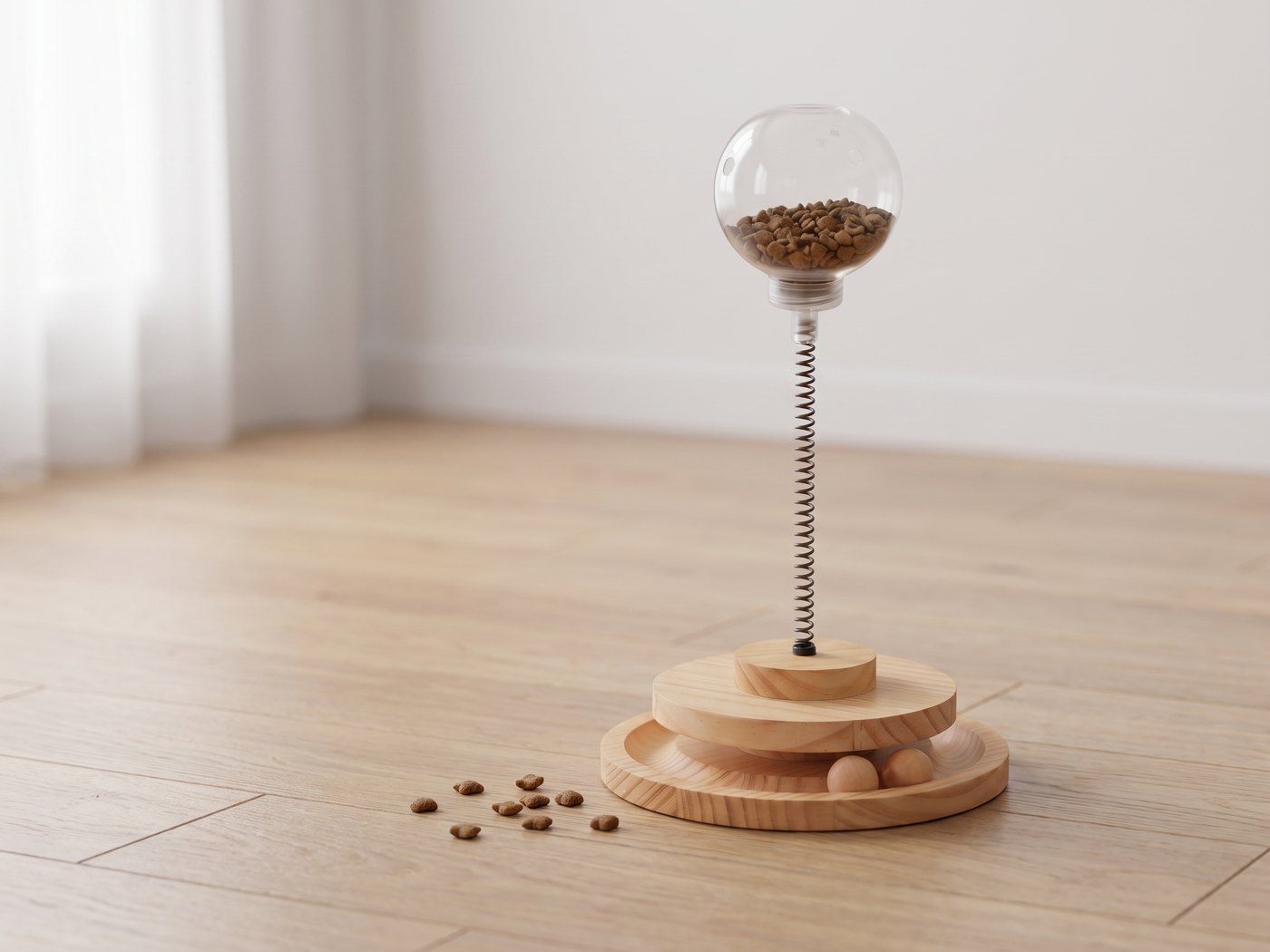Distributeur de friandises en bois pour chat posé sur un parquet, croquettes visibles