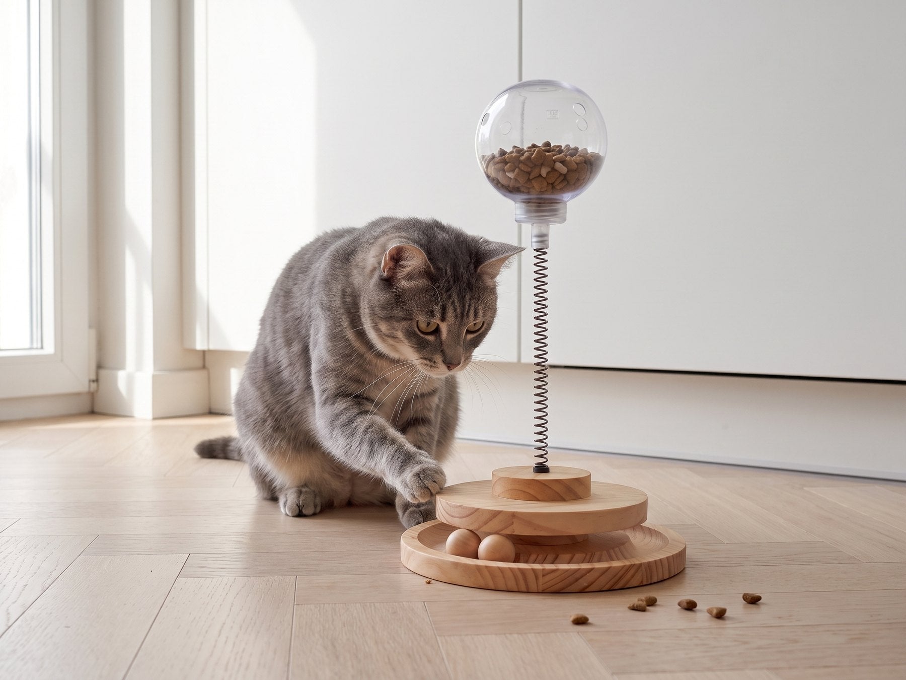 Chat concentré poussant un distributeur de friandises dans une cuisine lumineuse