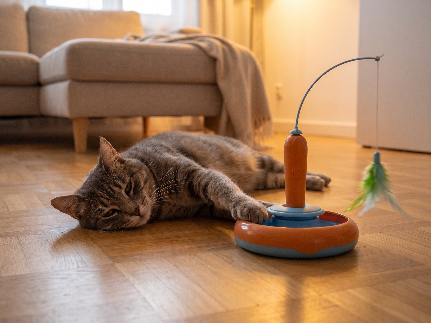 Chat allongé jouant du bout de la patte avec un plateau tournant, ambiance de soirée