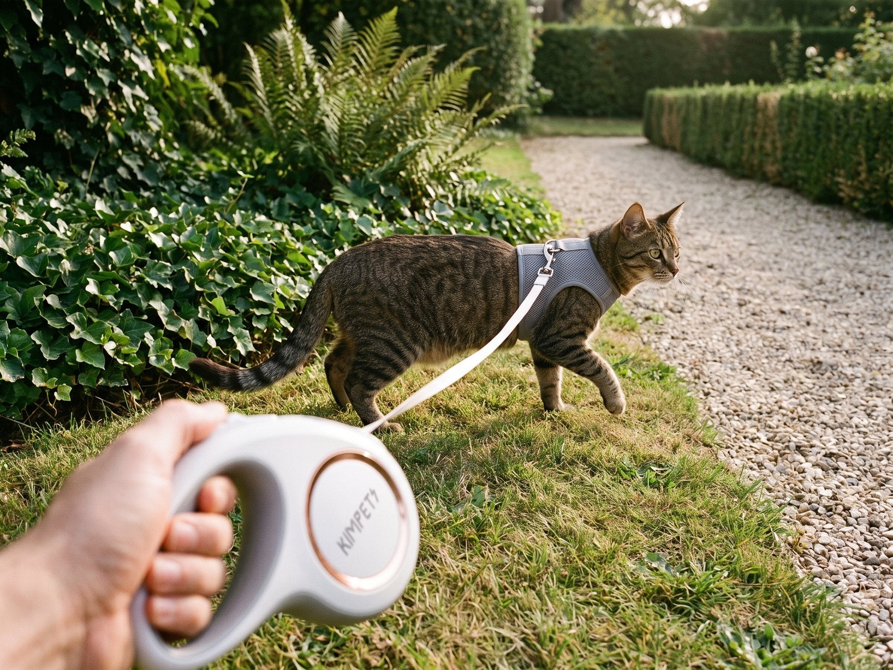 Chat en harnais explorant au bout de la laisse rétractable Pelux