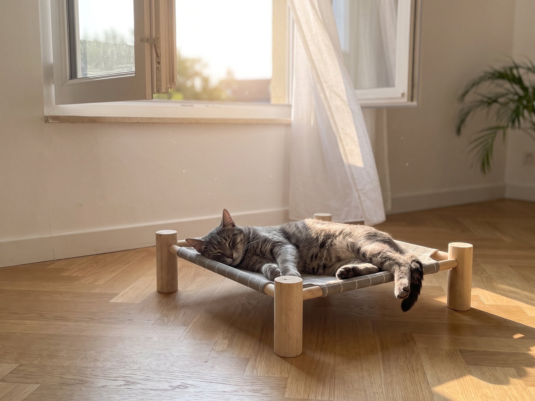 Chat endormi sur un lit surélevé près d'une fenêtre ouverte en été
