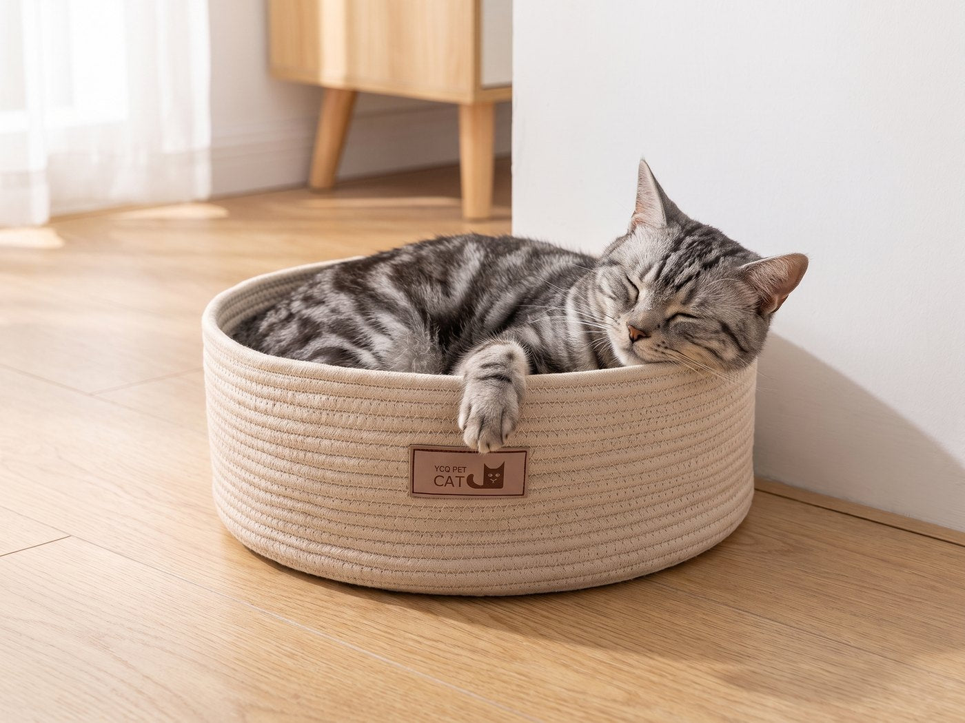 Chat dormant la tête posée sur le bord relevé du panier