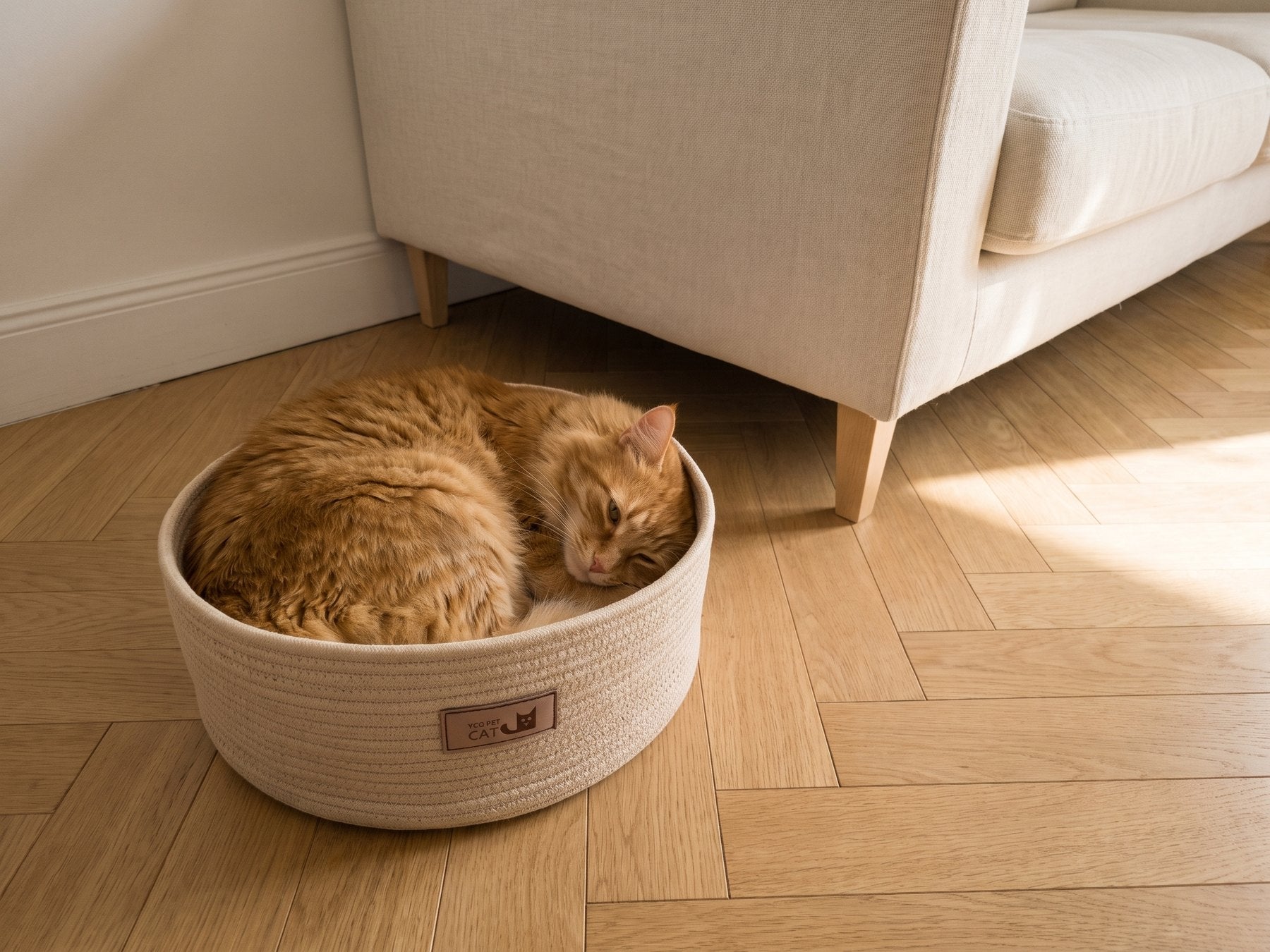 Panier en corde posé dans un salon clair, chat lové dedans