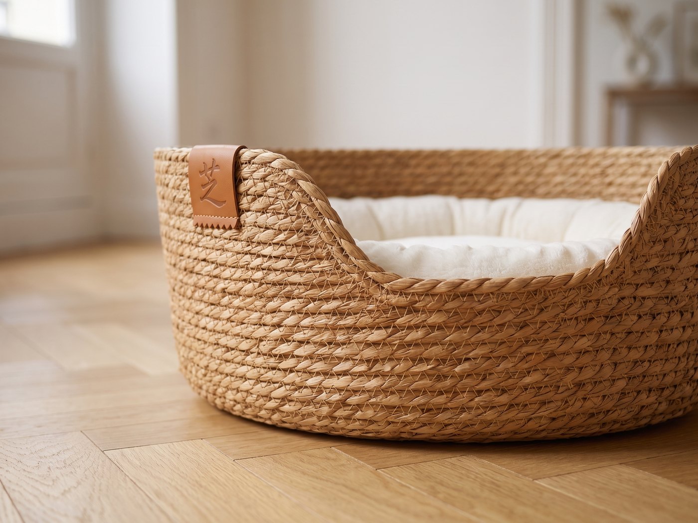 Panier en rotin tressé pour chat, détail du tressage à la lumière du jour