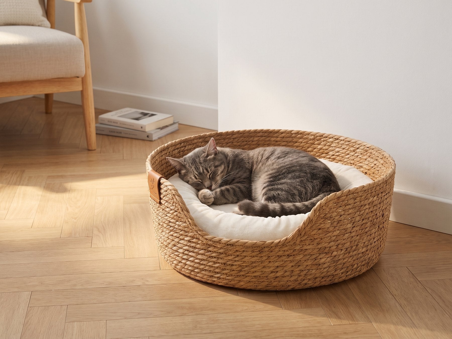 Panier en rotin dans un intérieur soigné, chat endormi sur le coussin