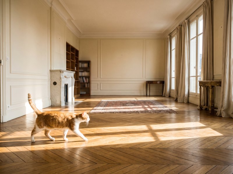 Chat européen roux traversant un salon haussmannien