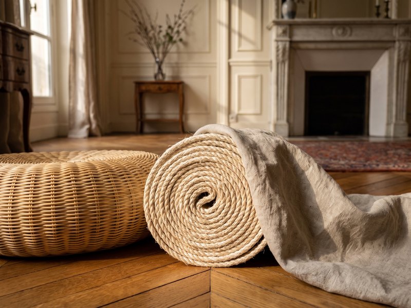 Détail de rotin tressé, corde de sisal et lin écru