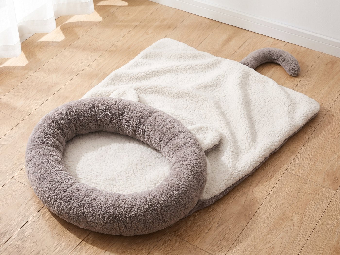 Sac de couchage déplié à plat en tapis, sur un parquet clair