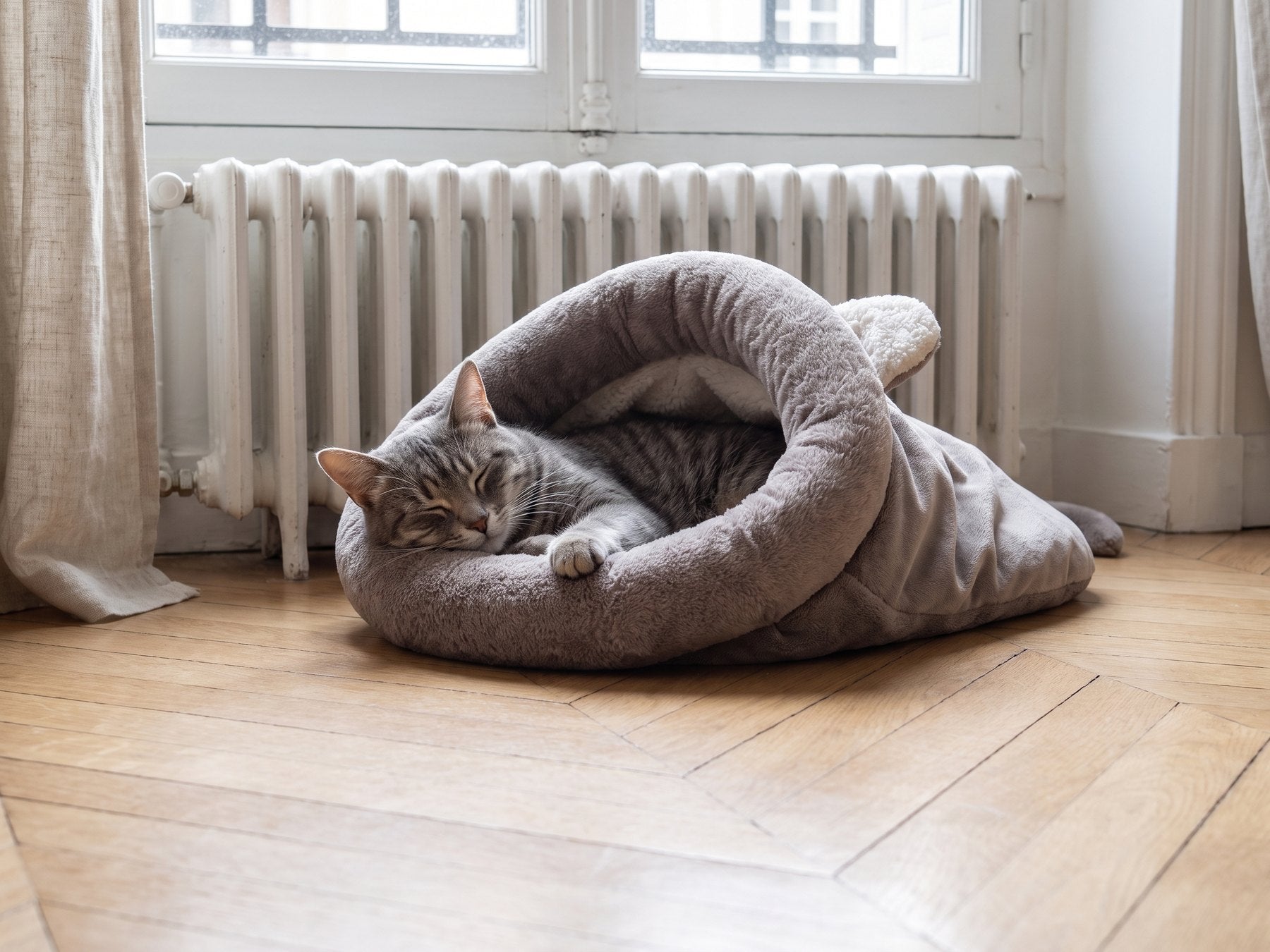 Chat endormi dans un sac de couchage près d'un radiateur, lumière d'hiver