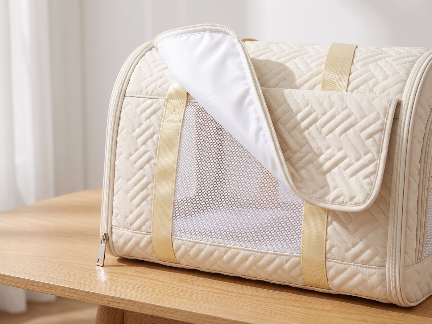 Rabat matelassé du sac de transport Pelux relevé, laissant apparaître la fenêtre en filet