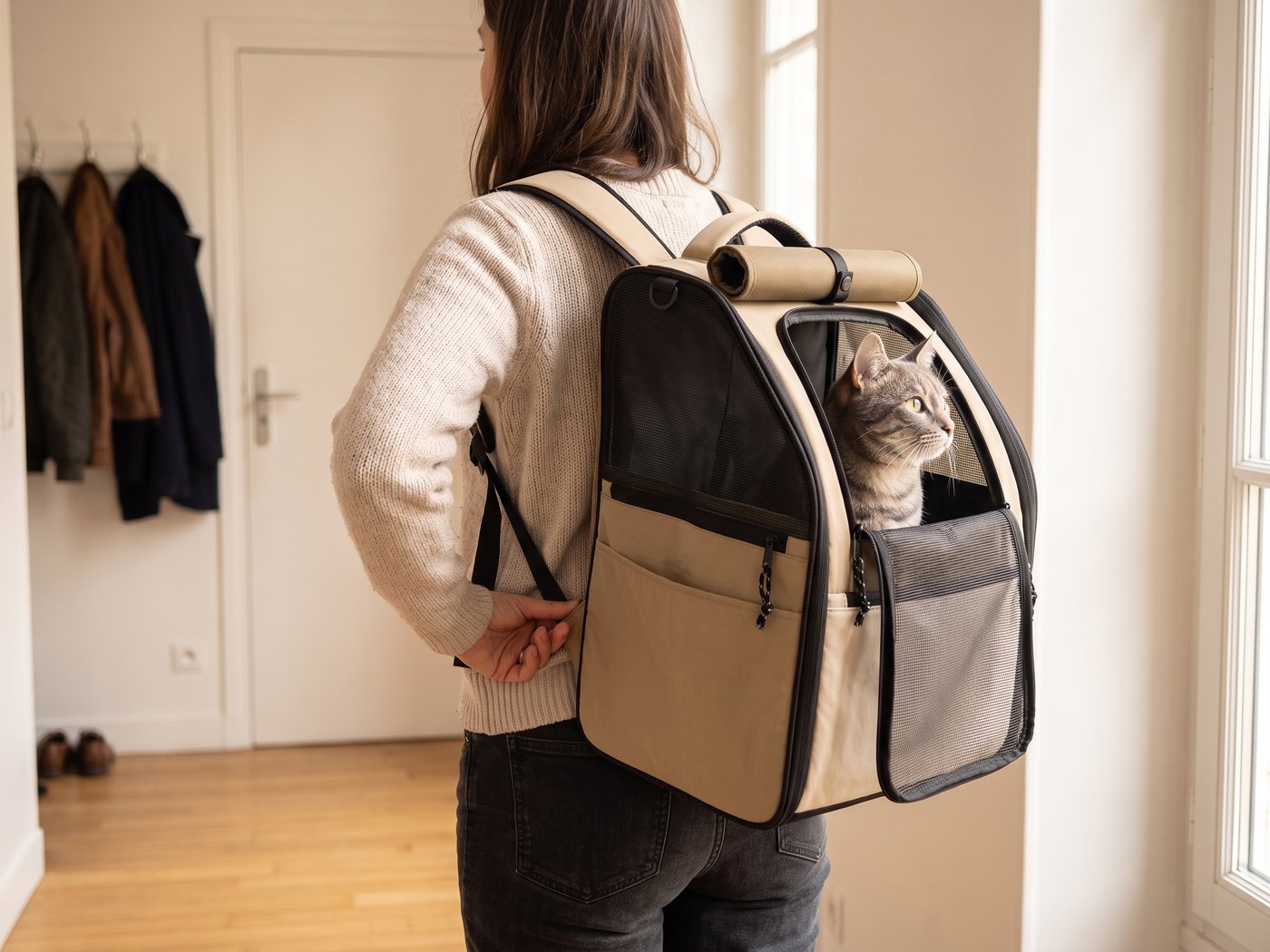 Sac à dos grande ouverture Pelux porté haut sur le dos avec un chat à l'intérieur