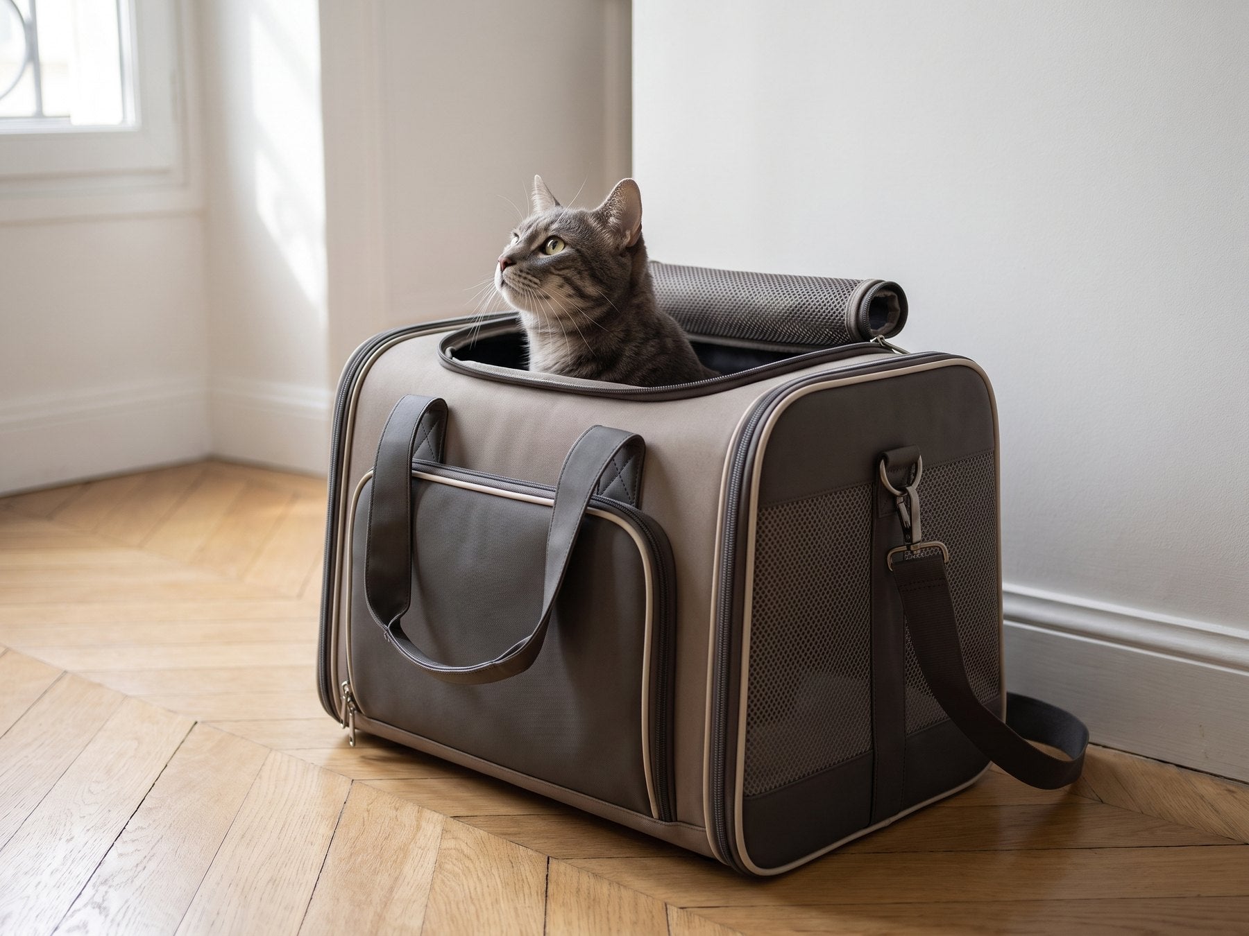 Chat sortant la tête par l'ouverture supérieure du sac de transport Pelux