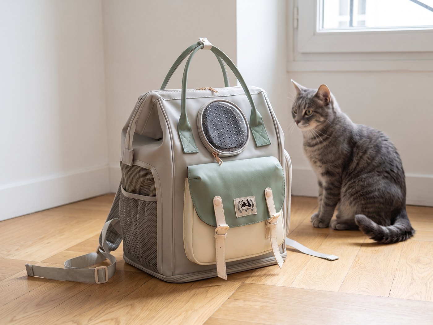 Sac à dos de ville Pelux porté sur le dos, chat visible dans le hublot rond