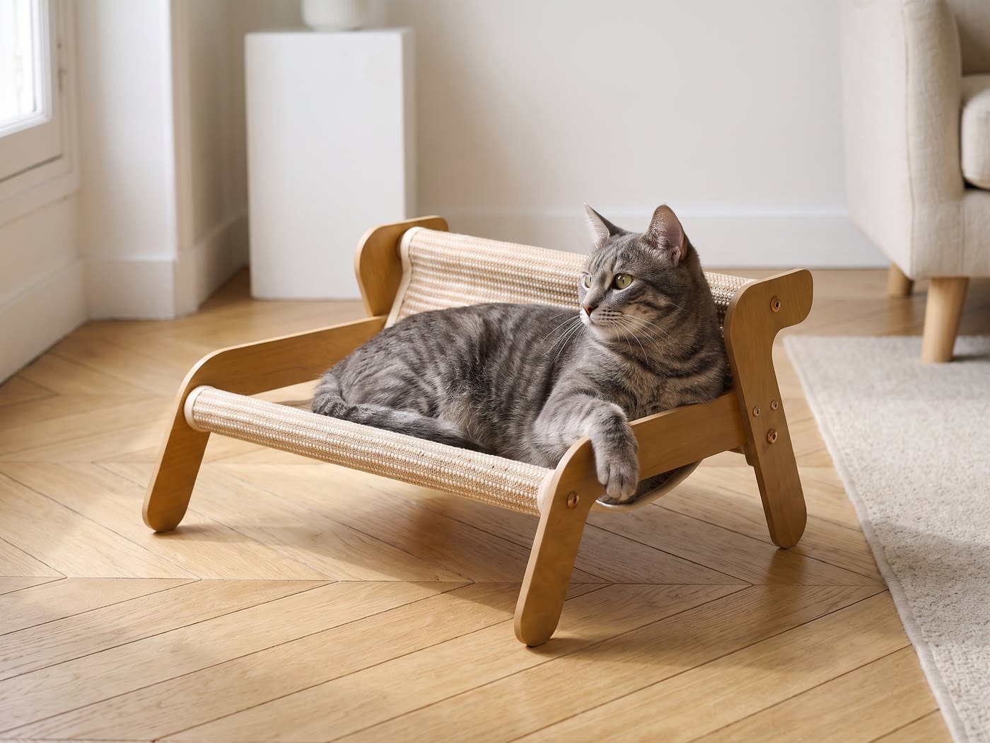 Transat griffoir en lin avec un chat allongé dessus, salon lumineux
